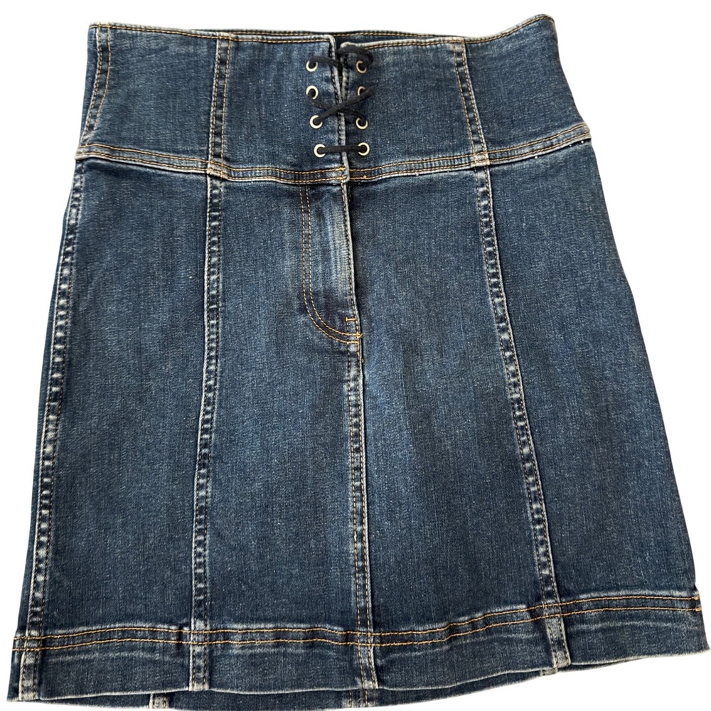 FREE PEOPLE Lace Up High Waist Denim Mini Skirt Size 2